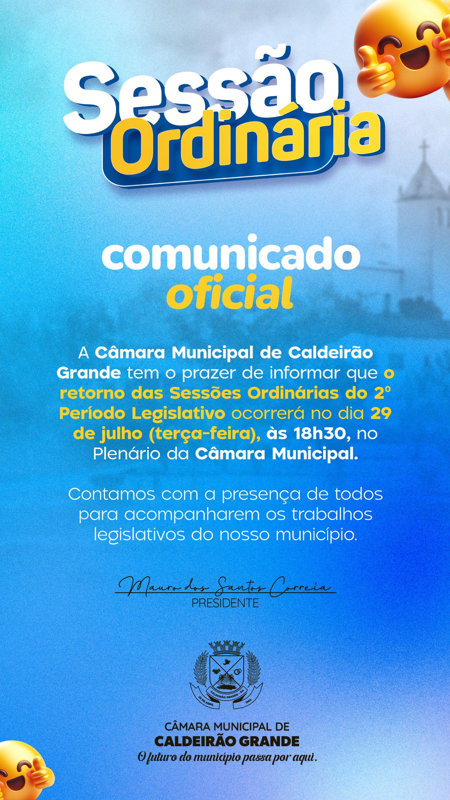 CONVITE SESSÃO ORDINÁRIA 1ª SESSÃO DO 2º PERÍODO